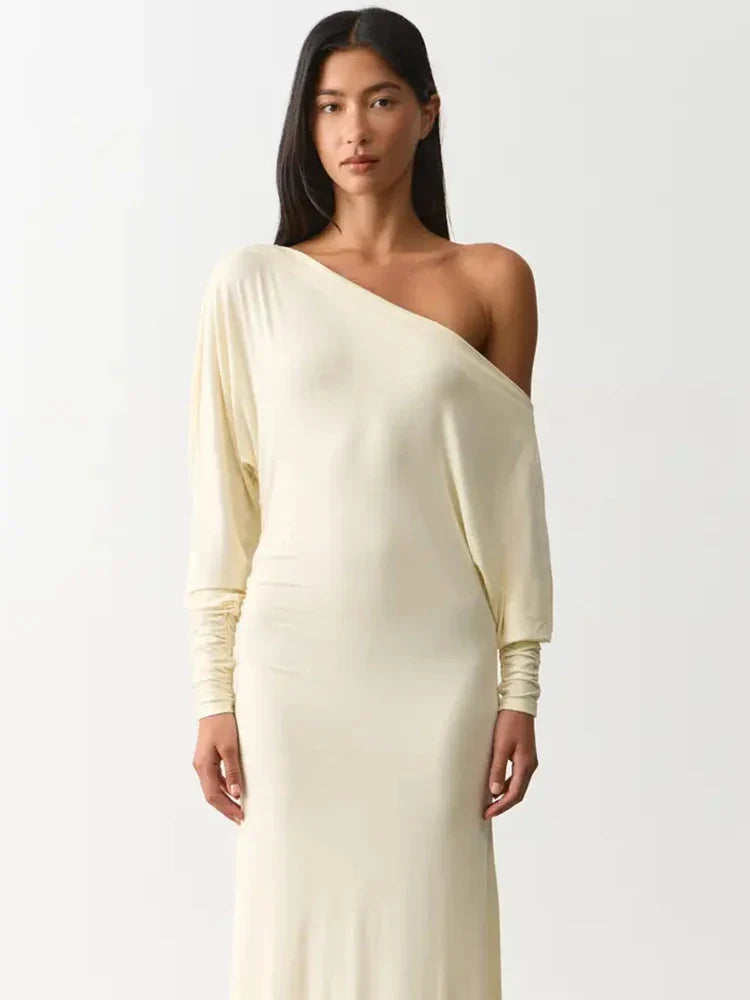 The Celestia Off-Shoulder Ruched Maxi Dress from the Lavishly Me Edit at Lavishly Me