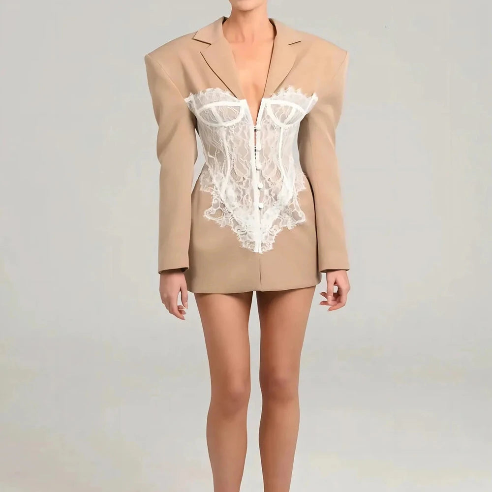 TWOTWINSTYLE Colorblock Temperament Spliced Lace Slimming Blazer for Women V Collar Long Sleeves Coat Female Fashion Clothing