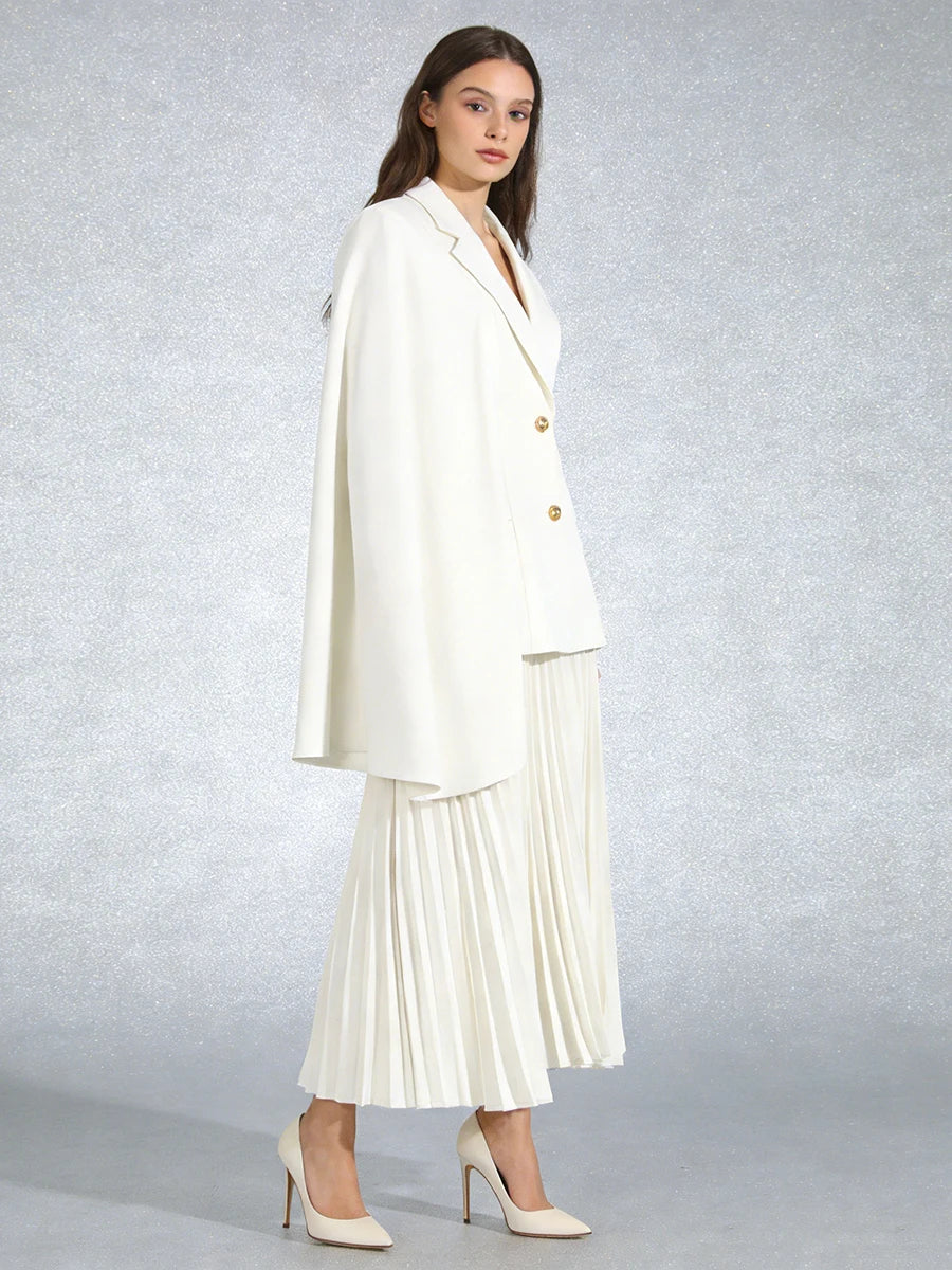 TWOTWINSTYLE White Two Piece Set for Women Lapel Long Sleeve Blazer with Cape High Waist Pleated Skirt Sets for Office Commuting