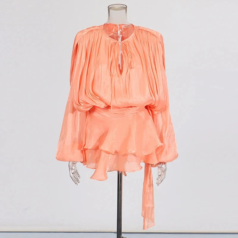 TWOTWINSTYLE Solid Loose Spliced Folds Elegant Dresses for Women Round Neck Long Sleeves Patchwork Lace Up Tunic Dress Female