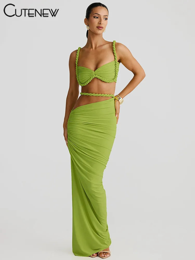 Cutenew Woven Matching Women 2 Piece Sexy Vacation Outfits Pleated Crop Camis+Shirring High Waist Maxi Skirts Solid Mujer Sets