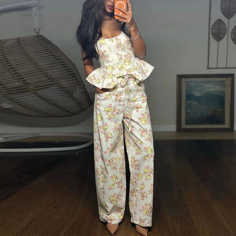 Floral Printed Women Long Pants Set Elegant Sleeveless Backless Vest Wide Leg Trousers Chic Holiday Vacation Lady Summer Outfits