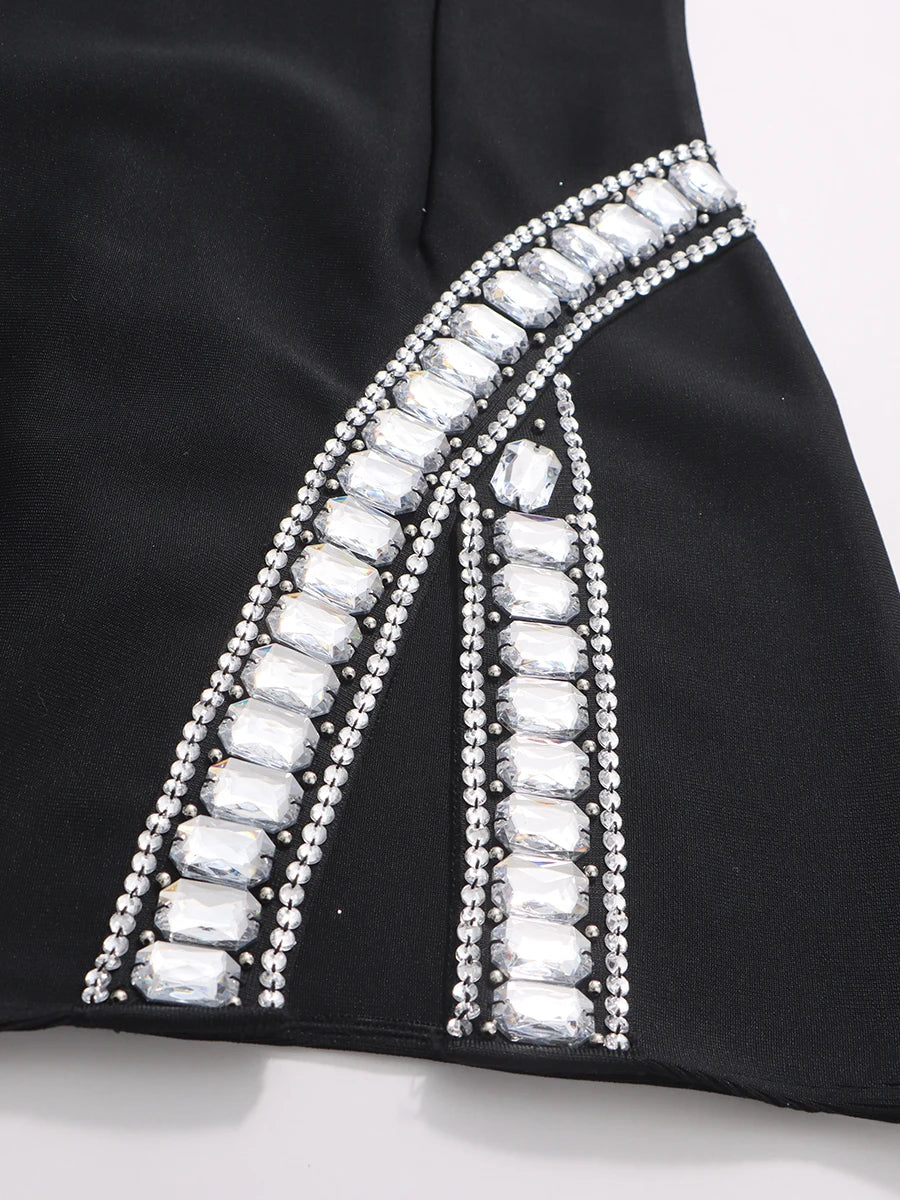 TWOTWINSTYLE Solid Slimming Temperament Dresses for Women Round Neck Sleeveless Patchwork Diamonds Dress Female Fashion Clothes
