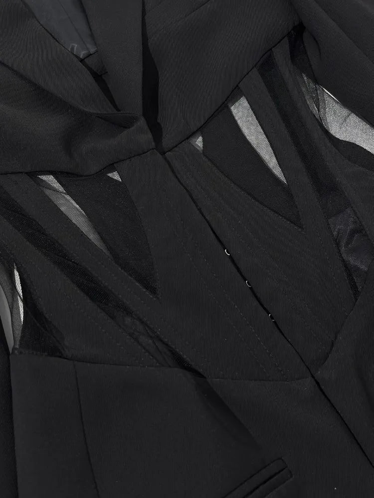 TWOTWINSTYLE Solid Spliced Sheer Mesh Blazers For Women Notched Collar Long Sleeve Tunic Patchwork Botton Blazer Female Fashion