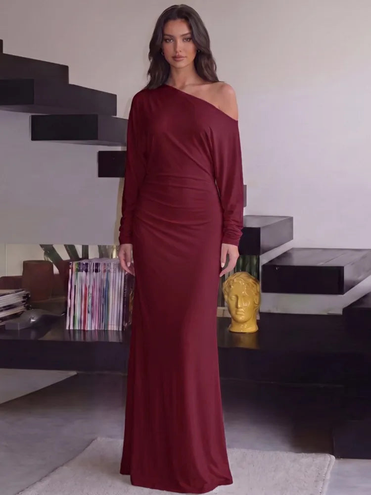 The Celestia Off-Shoulder Ruched Maxi Dress from the Lavishly Me Edit at Lavishly Me