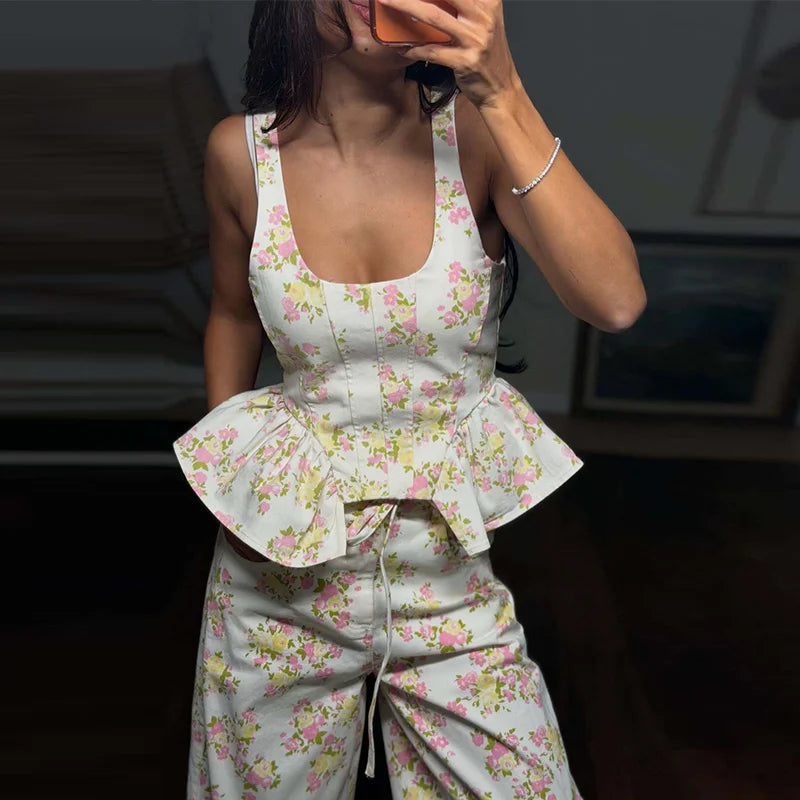 Floral Printed Women Long Pants Set Elegant Sleeveless Backless Vest Wide Leg Trousers Chic Holiday Vacation Lady Summer Outfits