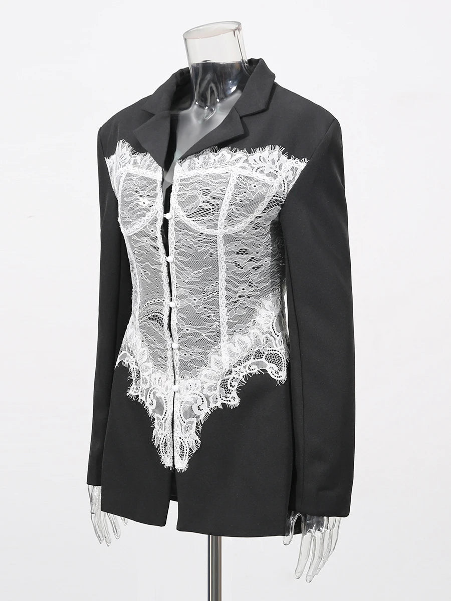 TWOTWINSTYLE Colorblock Temperament Spliced Lace Slimming Blazer for Women V Collar Long Sleeves Coat Female Fashion Clothing