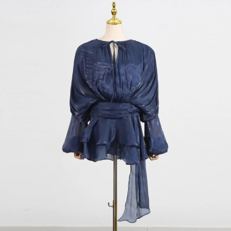 TWOTWINSTYLE Solid Loose Spliced Folds Elegant Dresses for Women Round Neck Long Sleeves Patchwork Lace Up Tunic Dress Female