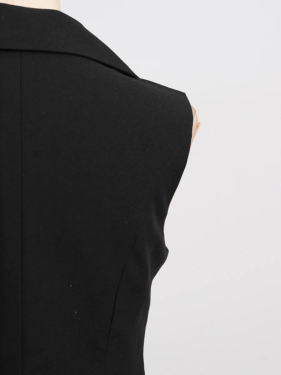 TWOTWINSTYLE Hit Color Sheer Elegant Jacket for Women Lapel Sleeveless Patchwork Folds Fashion Long Jacket Female Clothing New