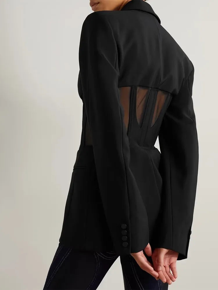 TWOTWINSTYLE Solid Spliced Sheer Mesh Blazers For Women Notched Collar Long Sleeve Tunic Patchwork Botton Blazer Female Fashion