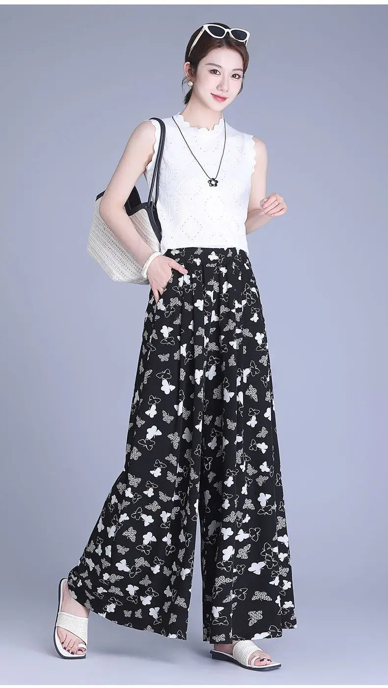 Trousers Chiffon Floral Skirts and Pants for Women in Summer New Thin High-waisted Ethnic Style Casual Wide-leg Pants