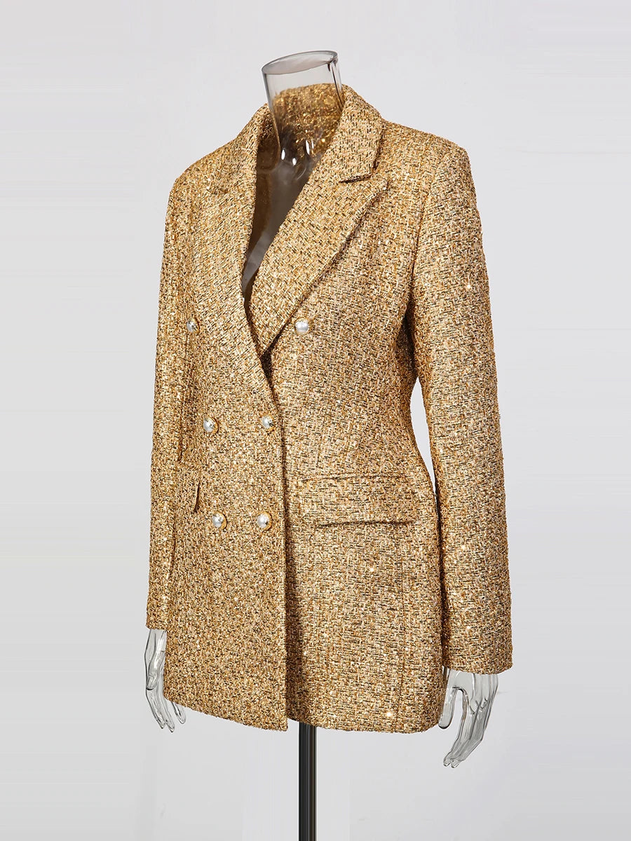 TWOTWINSTYLE Gold Slimming Spliced Double Breasted Fashion Blazers for Women Lapel Long Sleeves Tunic Temperament Blazer Female