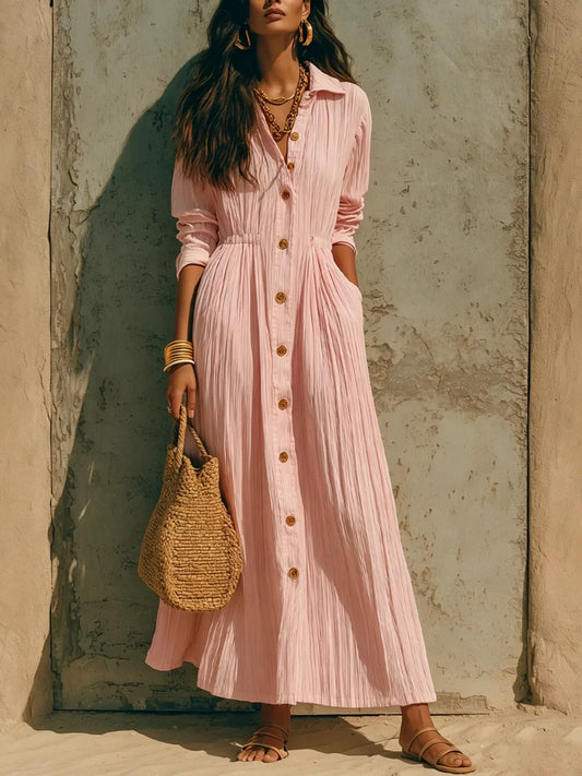 The Marais Pleated Button Maxi Dress from the Lavishly Me Edit at Lavishly Me