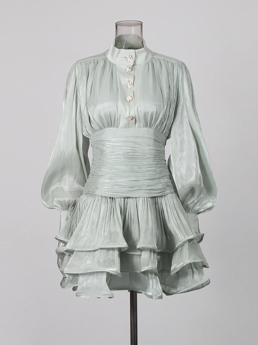 TWOTWINSTYLE Elegant Green Ruffle Mini Dress for Women Stand Collar Puff Sleeve Pleated Waist Button Accent for Birthday Parties