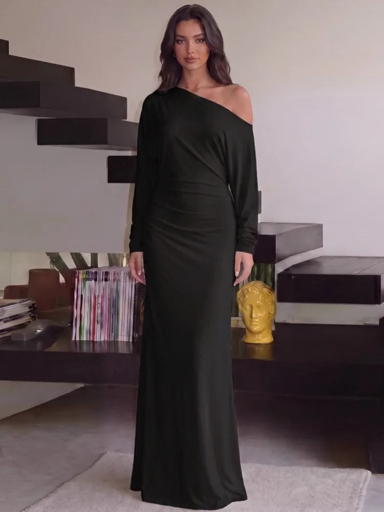 The Celestia Off-Shoulder Ruched Maxi Dress from the Lavishly Me Edit at Lavishly Me