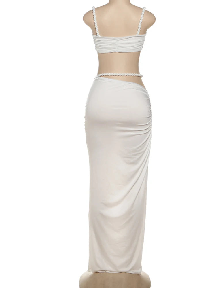 Cutenew Woven Matching Women 2 Piece Sexy Vacation Outfits Pleated Crop Camis+Shirring High Waist Maxi Skirts Solid Mujer Sets