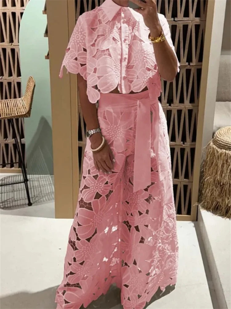 Wmstar Two Piece Set Women Hollow Out  Wide Leg Pants Sets Matching Casual Lace Suit Suits Wholesale Dropshipping New Style