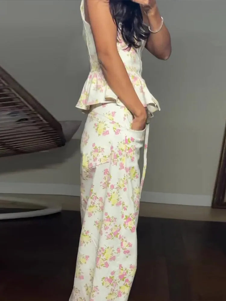 Floral Printed Women Long Pants Set Elegant Sleeveless Backless Vest Wide Leg Trousers Chic Holiday Vacation Lady Summer Outfits