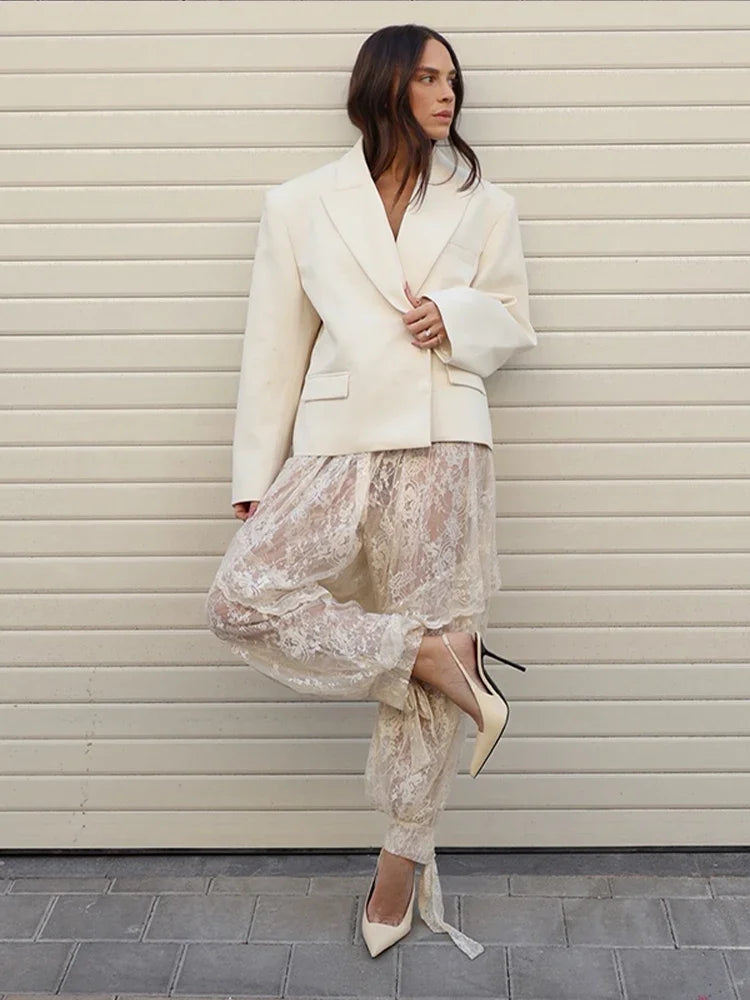 Fashion Women Lace Transparent Trouser Chic Floral Lace Up Wide Leg Pant Summer 2026 High Street Solid Elegant Commute Office