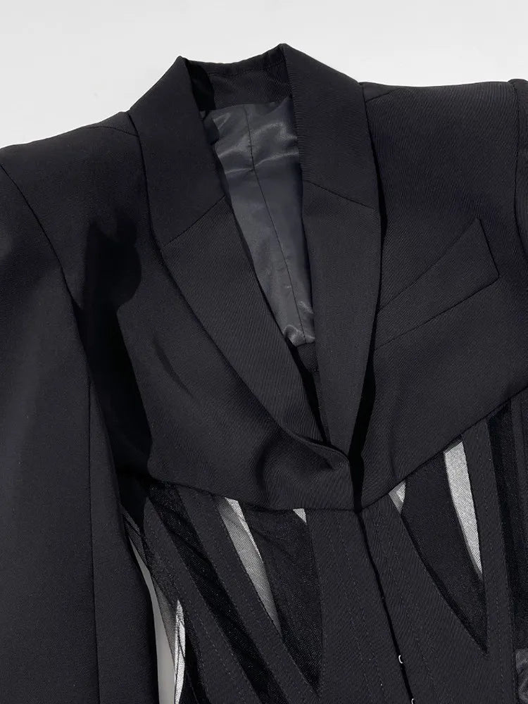 TWOTWINSTYLE Solid Spliced Sheer Mesh Blazers For Women Notched Collar Long Sleeve Tunic Patchwork Botton Blazer Female Fashion