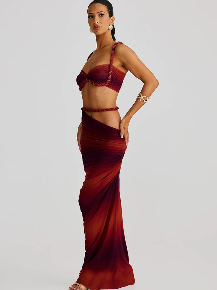 Cutenew Woven Matching Women 2 Piece Sexy Vacation Outfits Pleated Crop Camis+Shirring High Waist Maxi Skirts Solid Mujer Sets