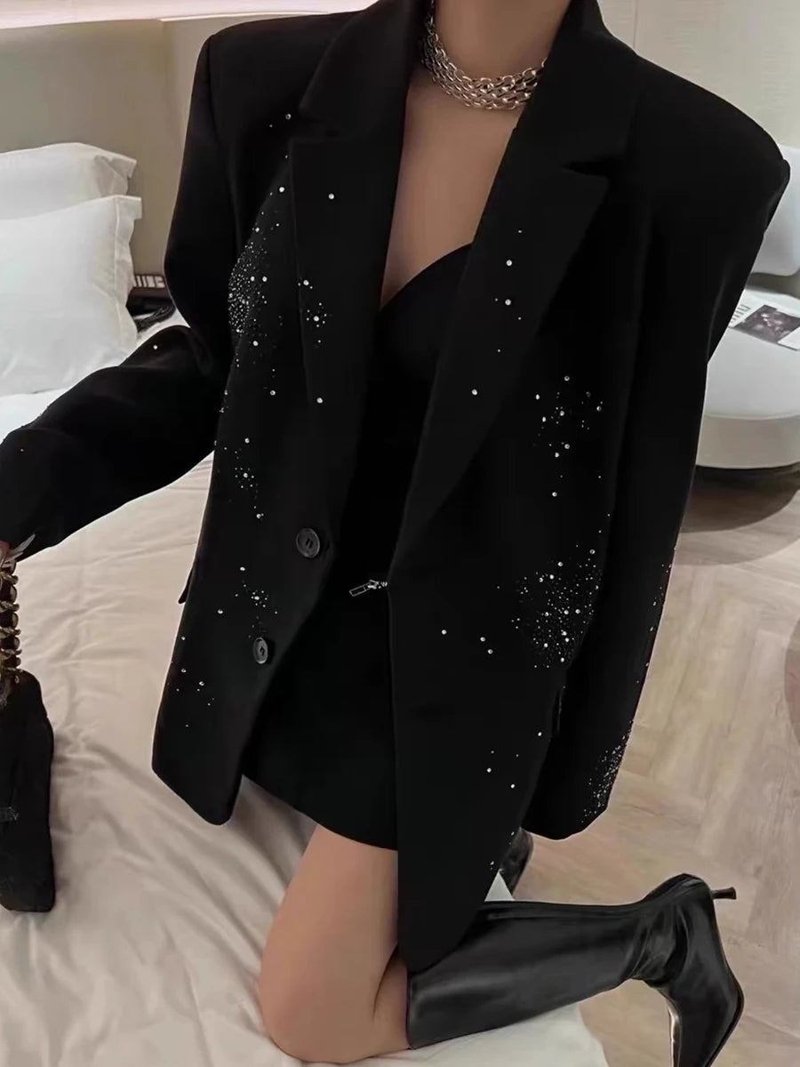 TWOTWINSTYLE Solid Loose Spliced Bead Fashion Blazers for Women Lapel Long Sleeves Patchwork Single Breasted Blazer Female New