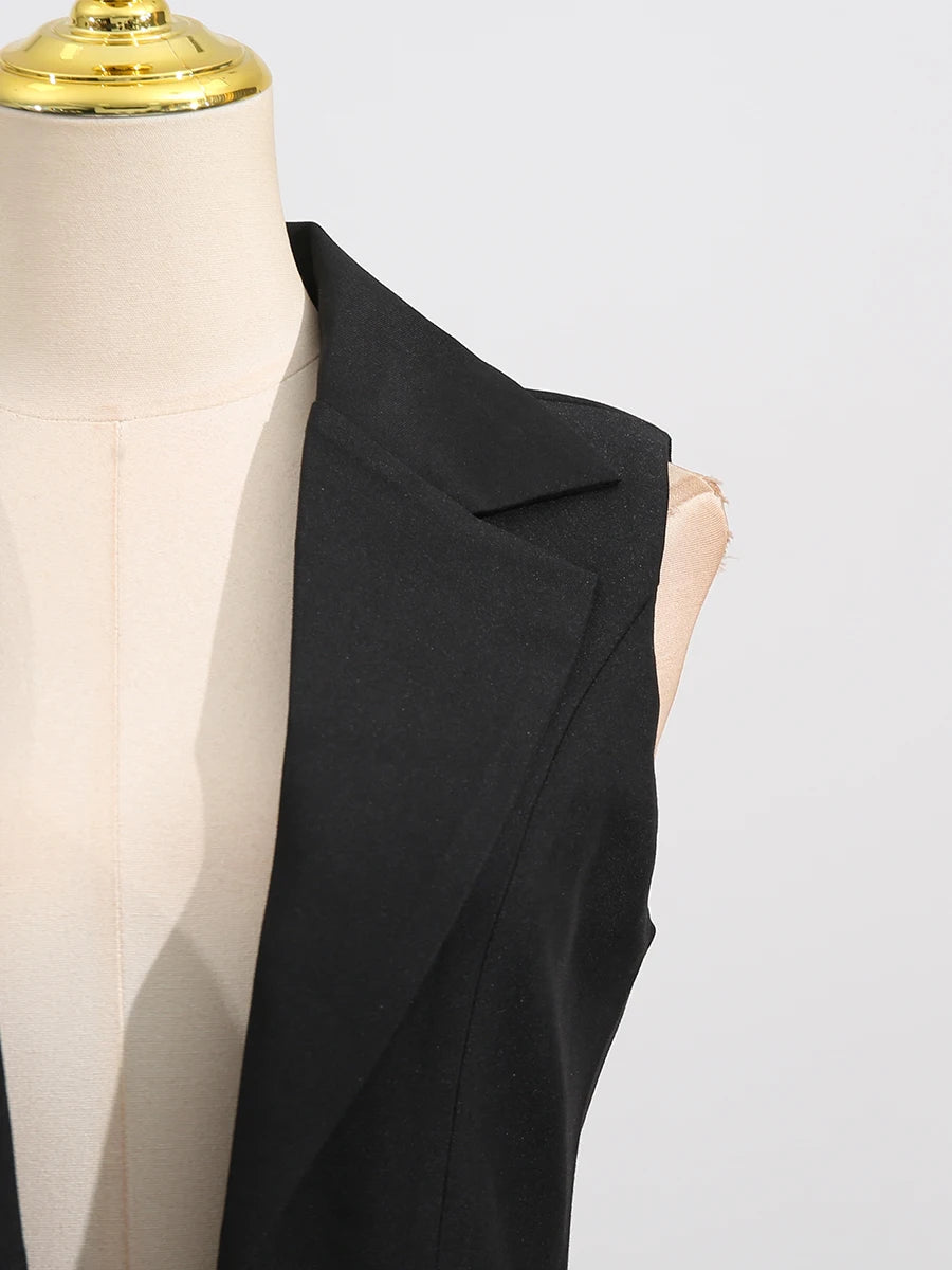 TWOTWINSTYLE Hit Color Sheer Elegant Jacket for Women Lapel Sleeveless Patchwork Folds Fashion Long Jacket Female Clothing New