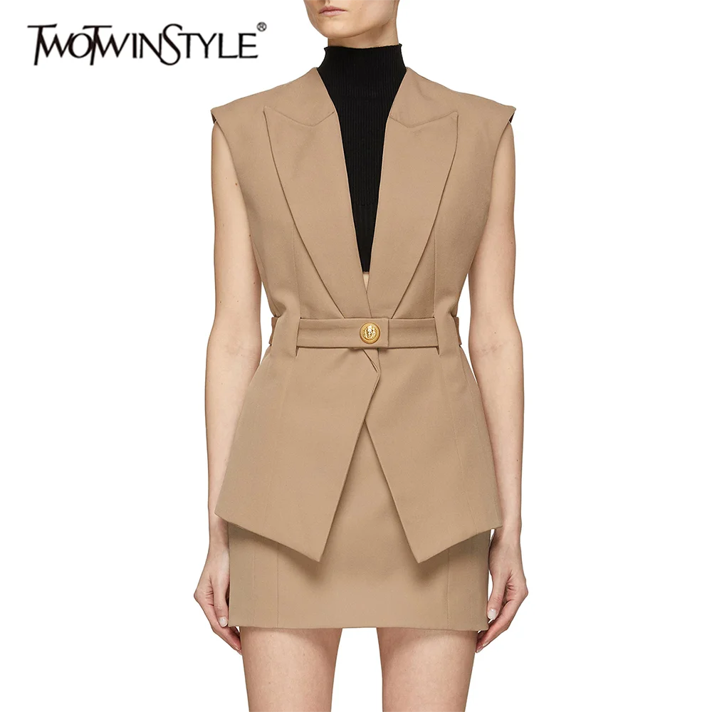 TWOTWINSTYLE Solid Slimming Spliced Belt Blazer Vests for Women Lapel Sleeveless High Waist Temperament Vest Female Clothing New