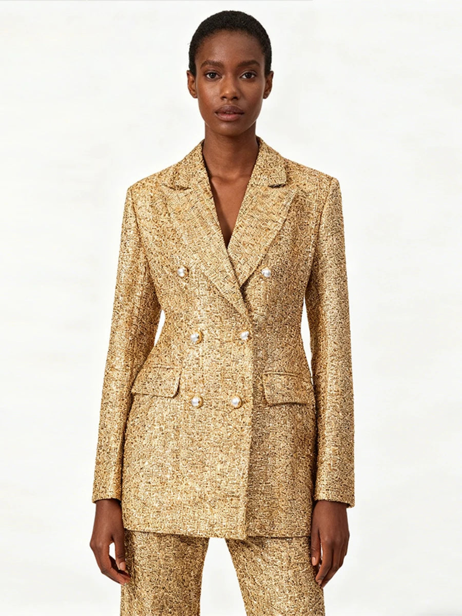 TWOTWINSTYLE Gold Slimming Spliced Double Breasted Fashion Blazers for Women Lapel Long Sleeves Tunic Temperament Blazer Female