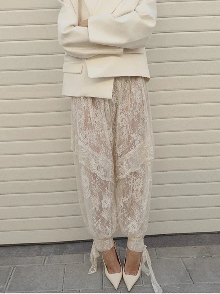 Fashion Women Lace Transparent Trouser Chic Floral Lace Up Wide Leg Pant Summer 2026 High Street Solid Elegant Commute Office