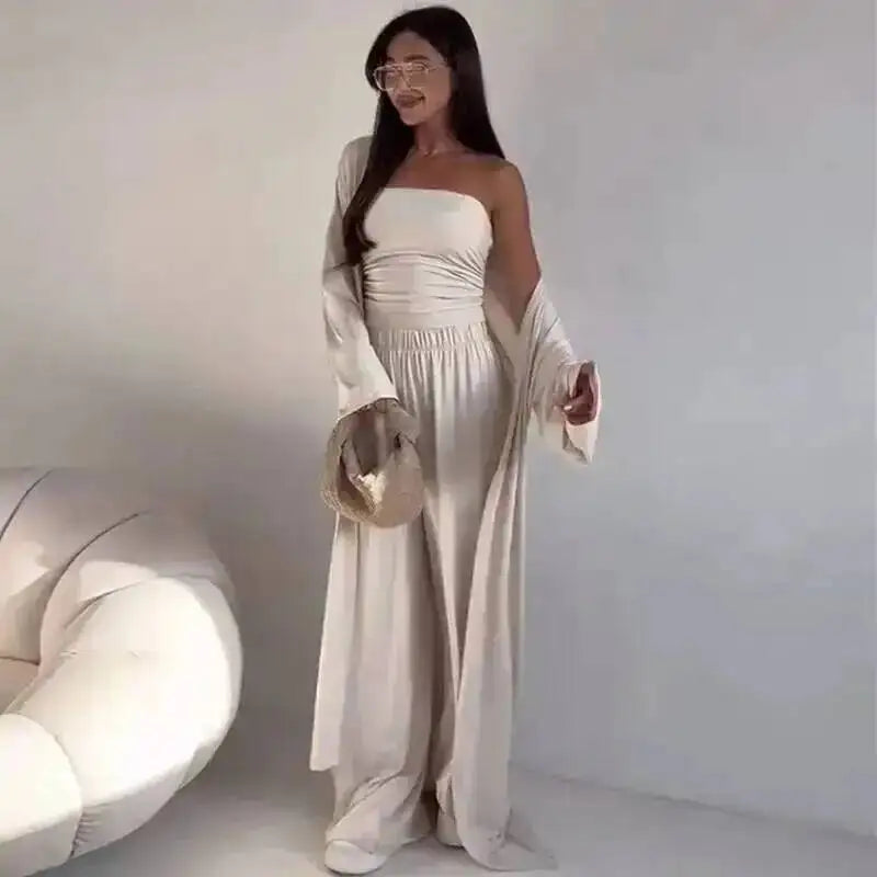 LGRQ Women's Clothing 2026 Summer New Casual Strapless Vest Long Cardigan Wide-Leg Pants Three-Piece Set