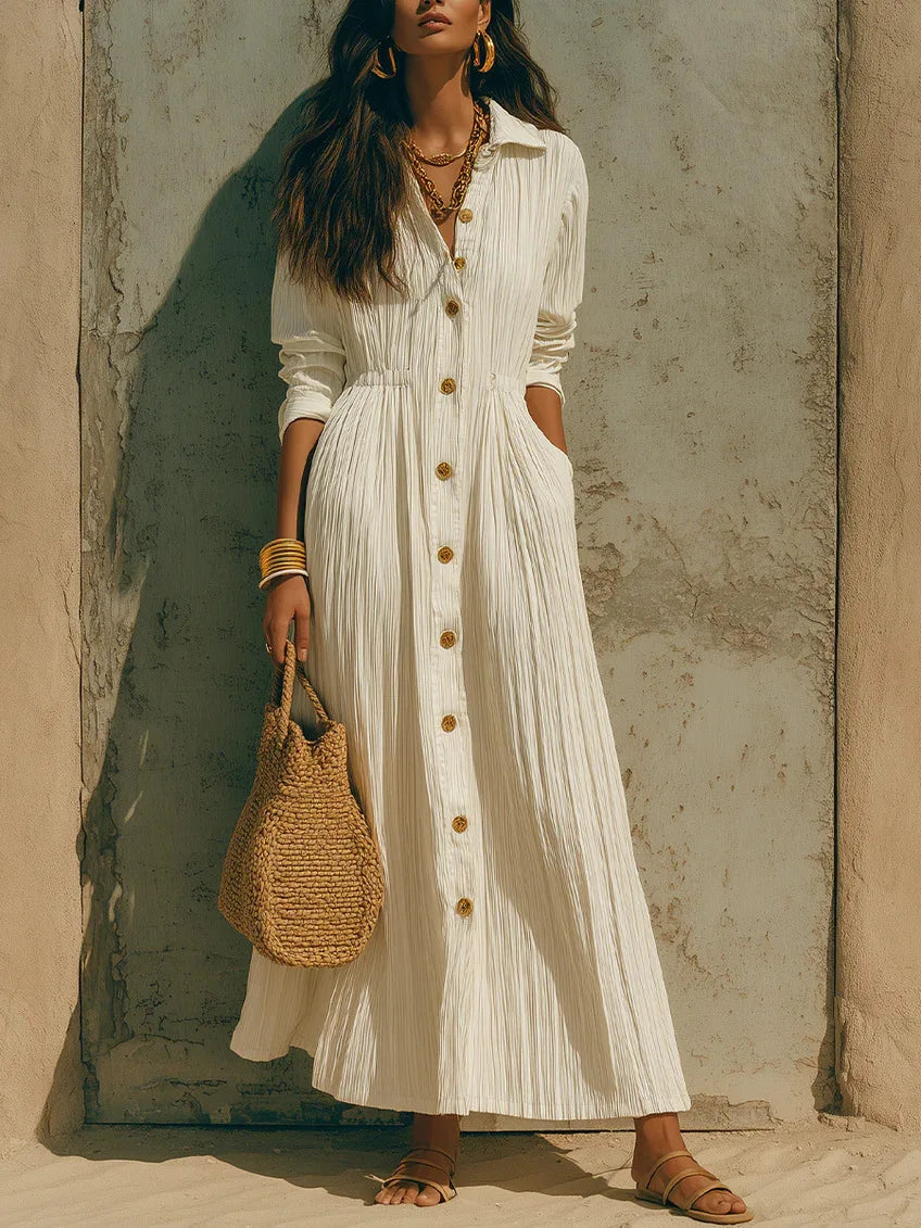 The Marais Pleated Button Maxi Dress from the Lavishly Me Edit at Lavishly Me