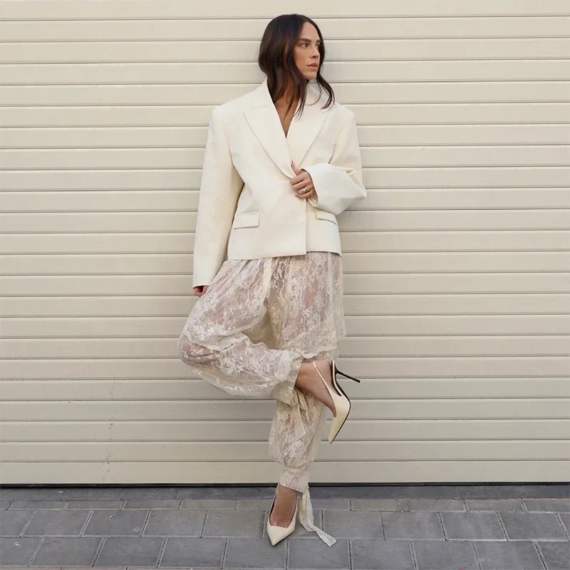 Fashion Women Lace Transparent Trouser Chic Floral Lace Up Wide Leg Pant Summer 2026 High Street Solid Elegant Commute Office