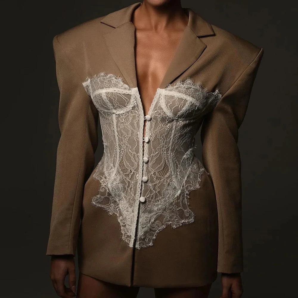 TWOTWINSTYLE Colorblock Temperament Spliced Lace Slimming Blazer for Women V Collar Long Sleeves Coat Female Fashion Clothing