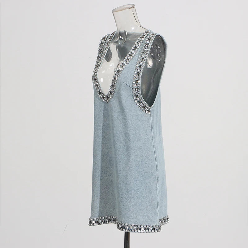 TWOTWINSTYLE Solid Loose Fashion Dresses for Women V Neck Sleeveless Patchwork Diamonds Temperament Dress Female Clothing New