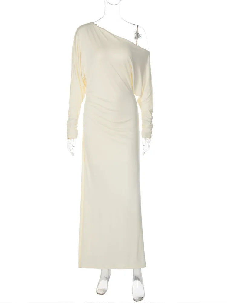 The Celestia Off-Shoulder Ruched Maxi Dress from the Lavishly Me Edit at Lavishly Me