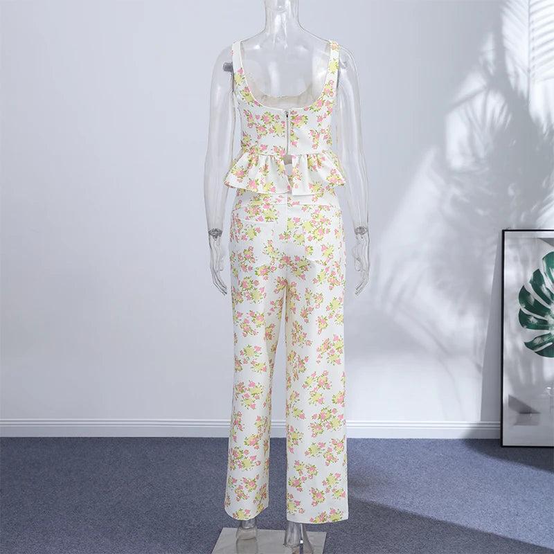 Floral Printed Women Long Pants Set Elegant Sleeveless Backless Vest Wide Leg Trousers Chic Holiday Vacation Lady Summer Outfits