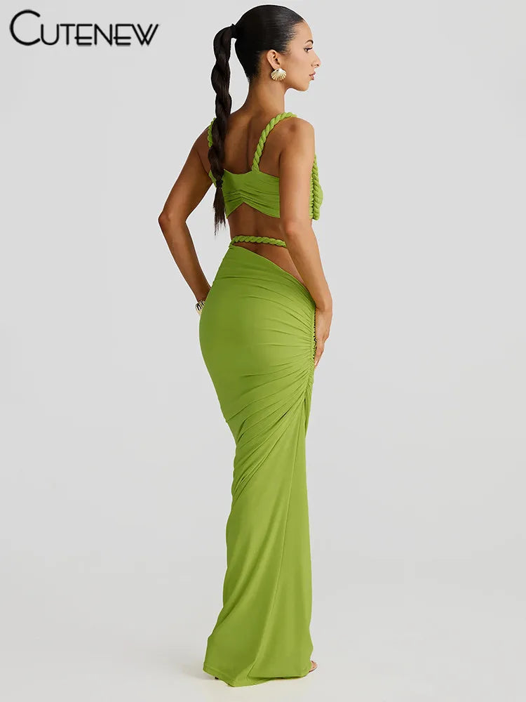 Cutenew Woven Matching Women 2 Piece Sexy Vacation Outfits Pleated Crop Camis+Shirring High Waist Maxi Skirts Solid Mujer Sets