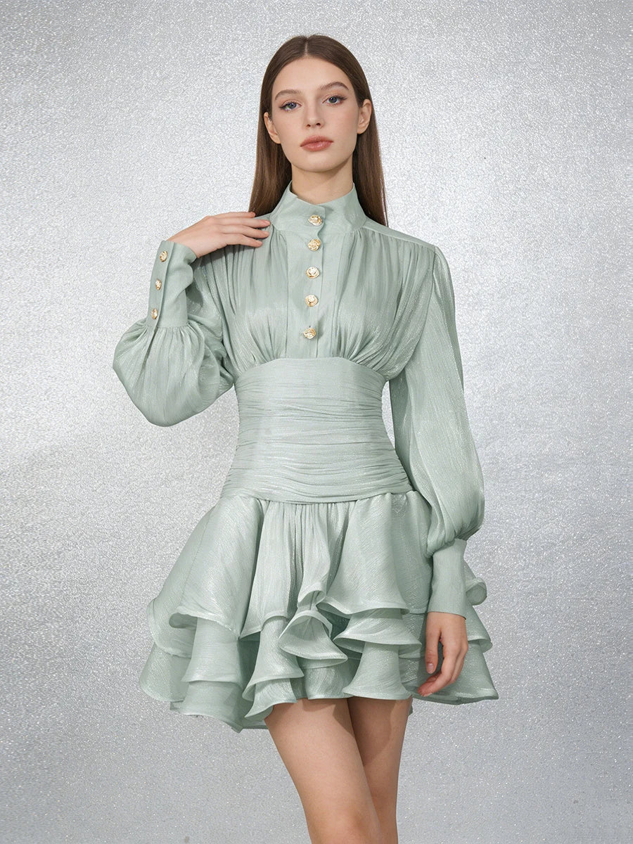 TWOTWINSTYLE Elegant Green Ruffle Mini Dress for Women Stand Collar Puff Sleeve Pleated Waist Button Accent for Birthday Parties