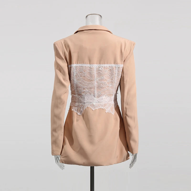 TWOTWINSTYLE Colorblock Temperament Spliced Lace Slimming Blazer for Women V Collar Long Sleeves Coat Female Fashion Clothing