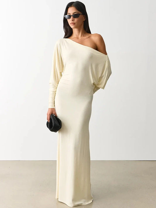 The Celestia Off-Shoulder Ruched Maxi Dress from the Lavishly Me Edit at Lavishly Me