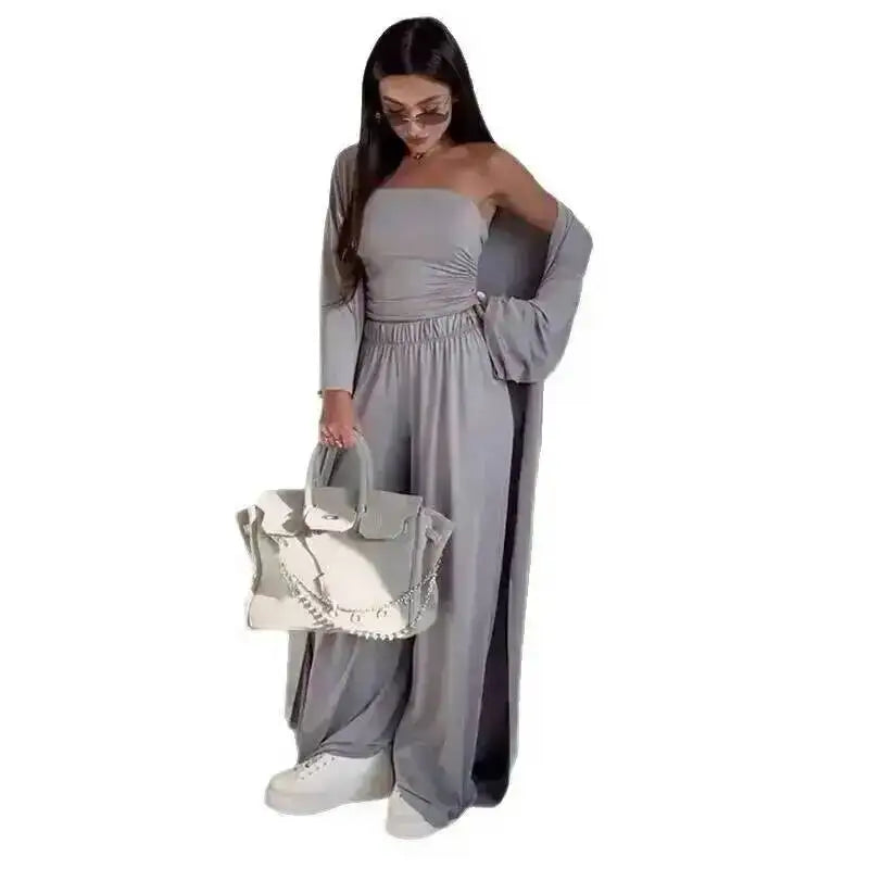 LGRQ Women's Clothing 2026 Summer New Casual Strapless Vest Long Cardigan Wide-Leg Pants Three-Piece Set