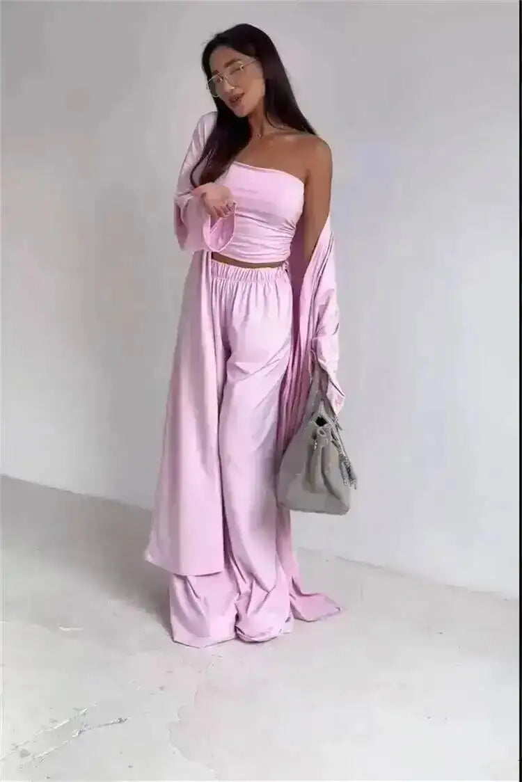 LGRQ Women's Clothing 2026 Summer New Casual Strapless Vest Long Cardigan Wide-Leg Pants Three-Piece Set