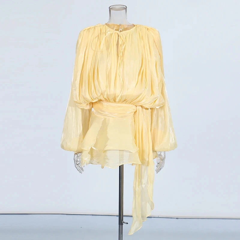 TWOTWINSTYLE Solid Loose Spliced Folds Elegant Dresses for Women Round Neck Long Sleeves Patchwork Lace Up Tunic Dress Female
