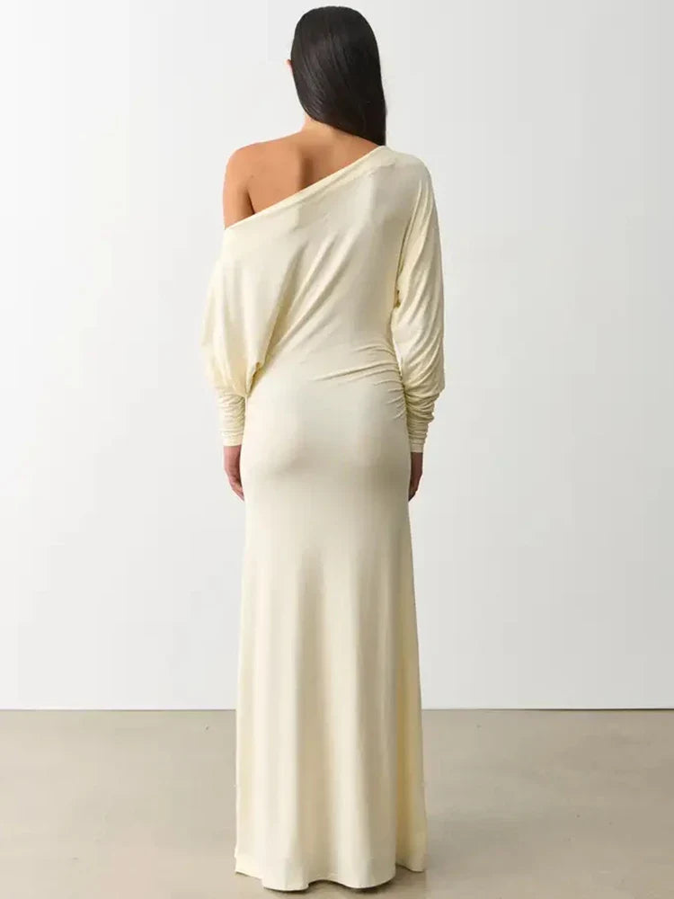 The Celestia Off-Shoulder Ruched Maxi Dress from the Lavishly Me Edit at Lavishly Me