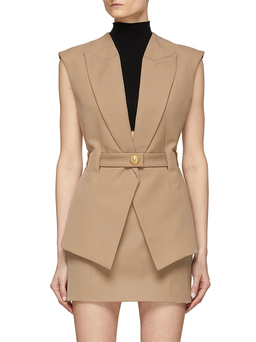 TWOTWINSTYLE Solid Slimming Spliced Belt Blazer Vests for Women Lapel Sleeveless High Waist Temperament Vest Female Clothing New