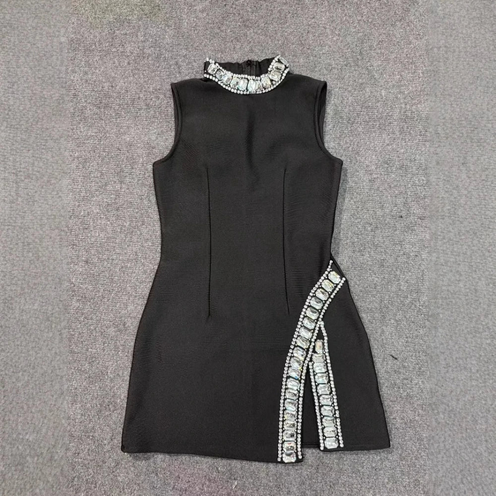 TWOTWINSTYLE Solid Slimming Temperament Dresses for Women Round Neck Sleeveless Patchwork Diamonds Dress Female Fashion Clothes