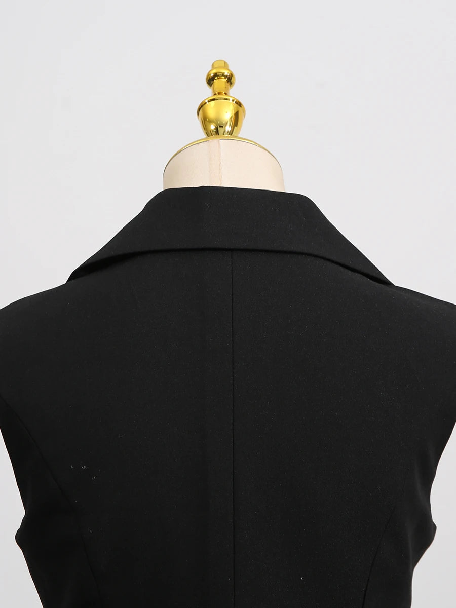 TWOTWINSTYLE Hit Color Sheer Elegant Jacket for Women Lapel Sleeveless Patchwork Folds Fashion Long Jacket Female Clothing New