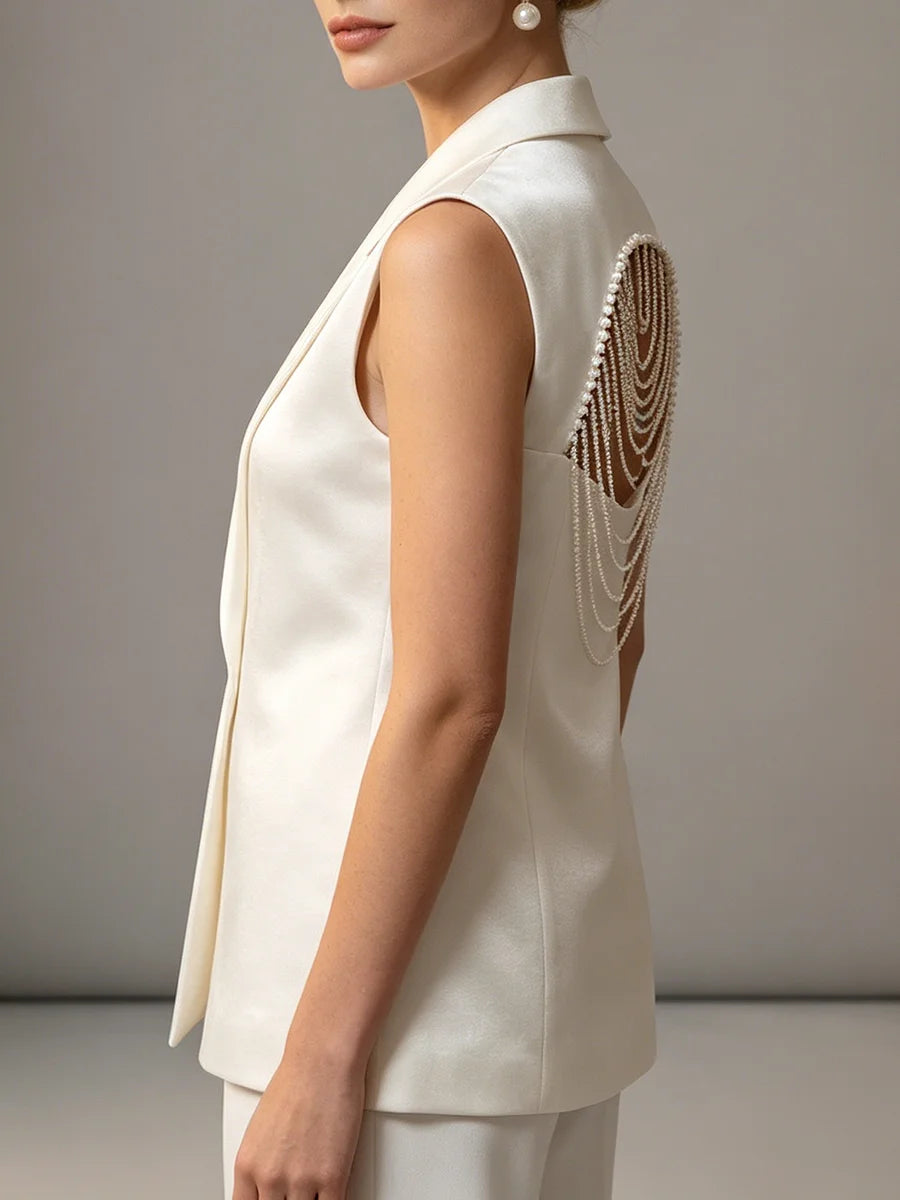 TWOTWINSTYLE Elegant White Cutout Back Sleeveless Blazer for Women Lapel Spliced Pearl Fashion Coat for Formal Office Commute