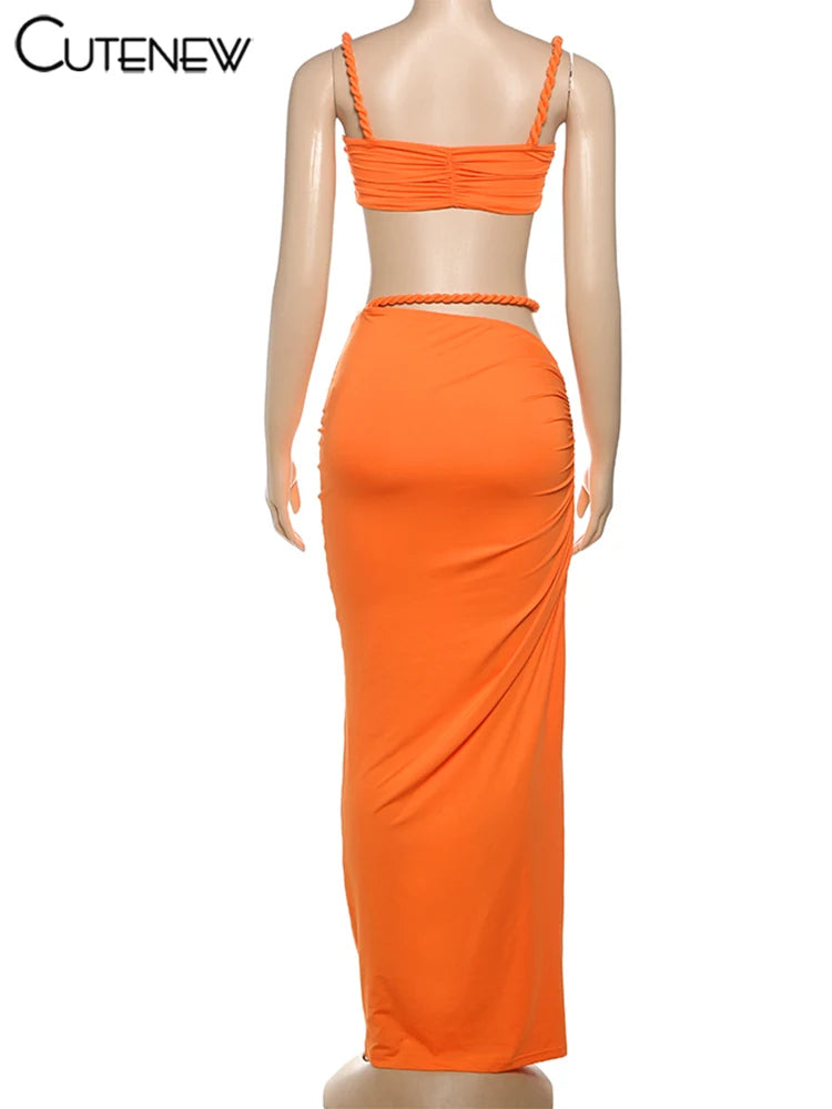 Cutenew Woven Matching Women 2 Piece Sexy Vacation Outfits Pleated Crop Camis+Shirring High Waist Maxi Skirts Solid Mujer Sets